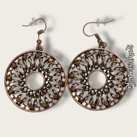 Bundle Sale 3 for $15 | Dark Copper Dangle Earrings with Orange Rhinestones - Picture 1 of 7